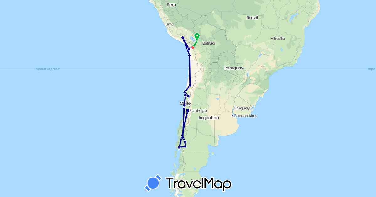 TravelMap itinerary: driving, bus, hiking in Argentina, Bolivia, Chile, Peru (South America)